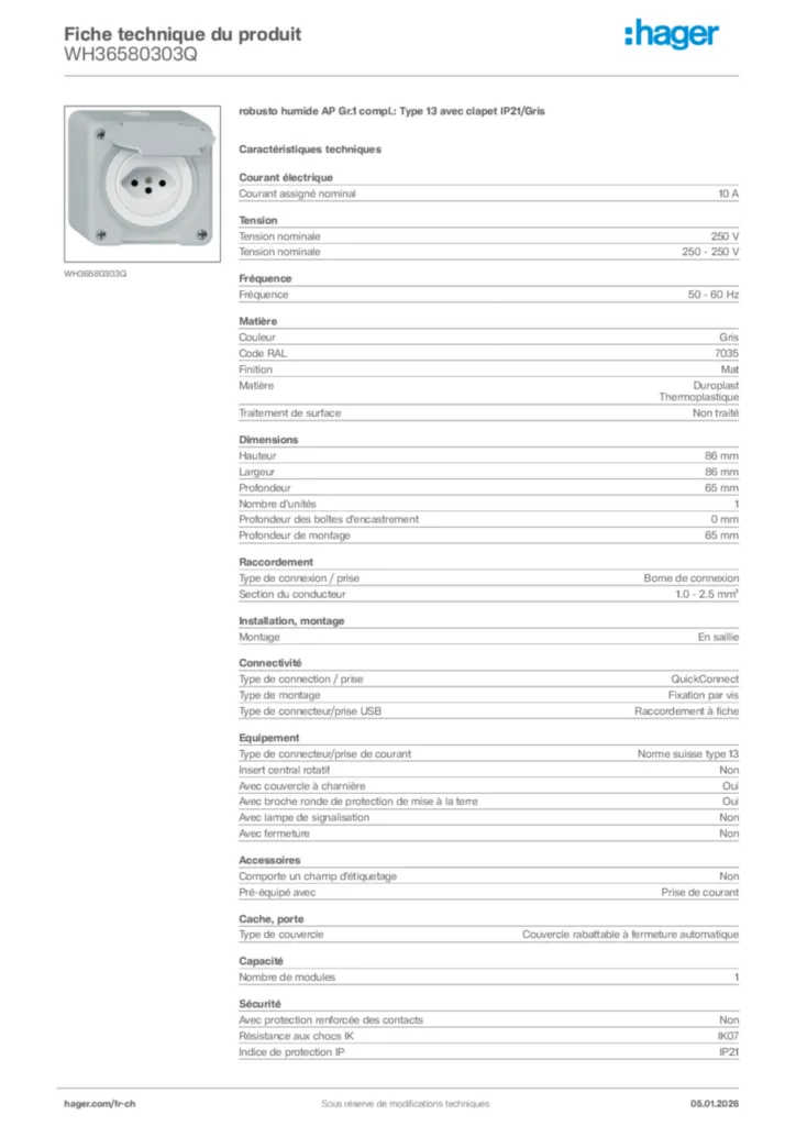 Image Hager Fiche technique du produit WH36580303Q | Hager Suisse
