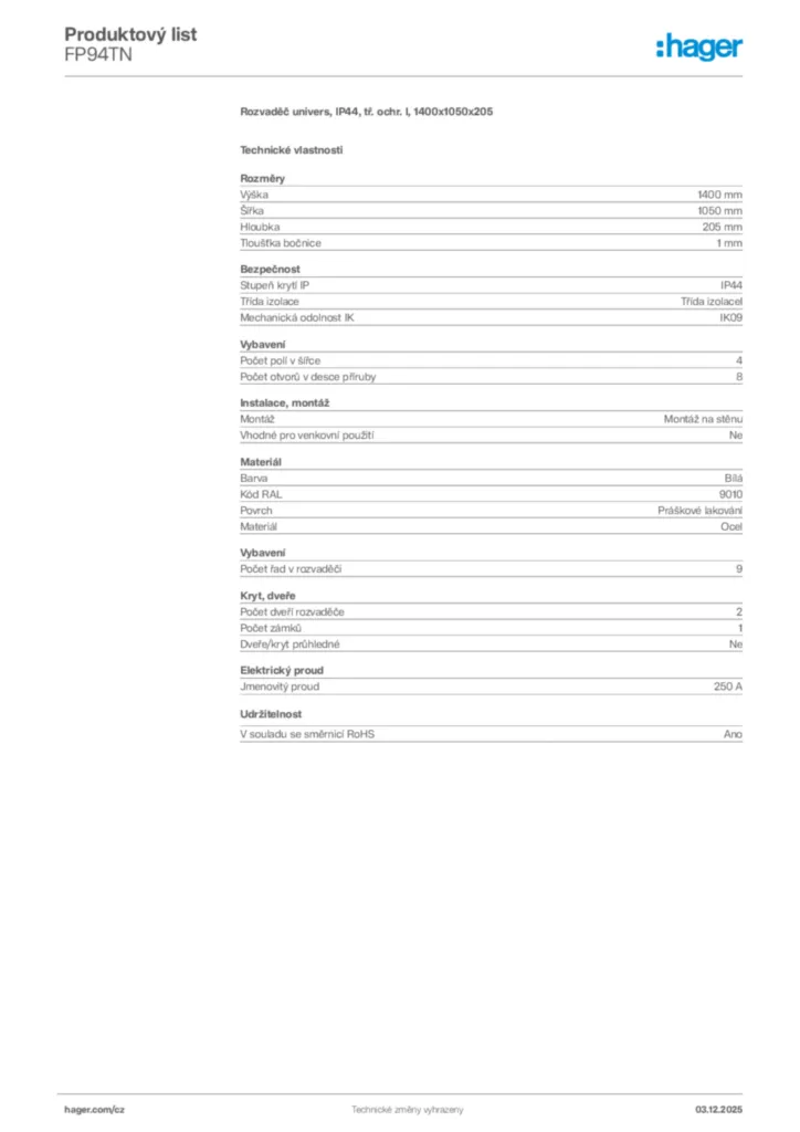 Obrázek Hager Product data sheet FP94TN | Hager