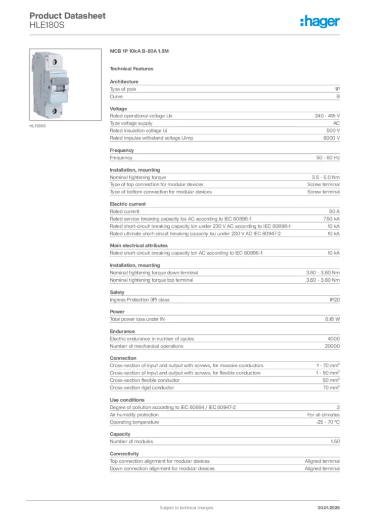 Image Hager Product data sheet HLE180S  | Hager Africa