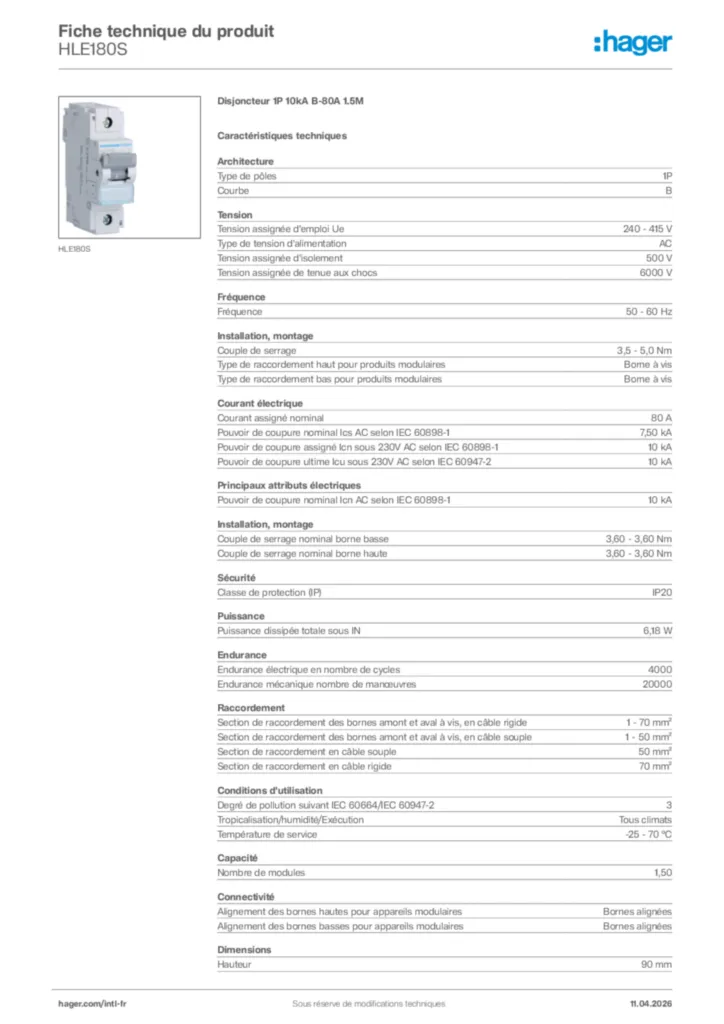 Image Hager Fiche technique du produit HLE180S | Hager Afrique
