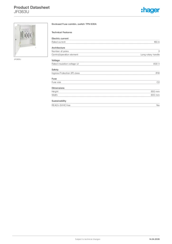 Image Hager Product data sheet JFI363U  | Hager Africa