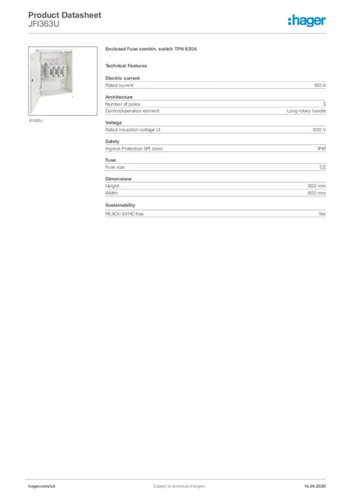Image Hager Product data sheet JFI363U  | Hager