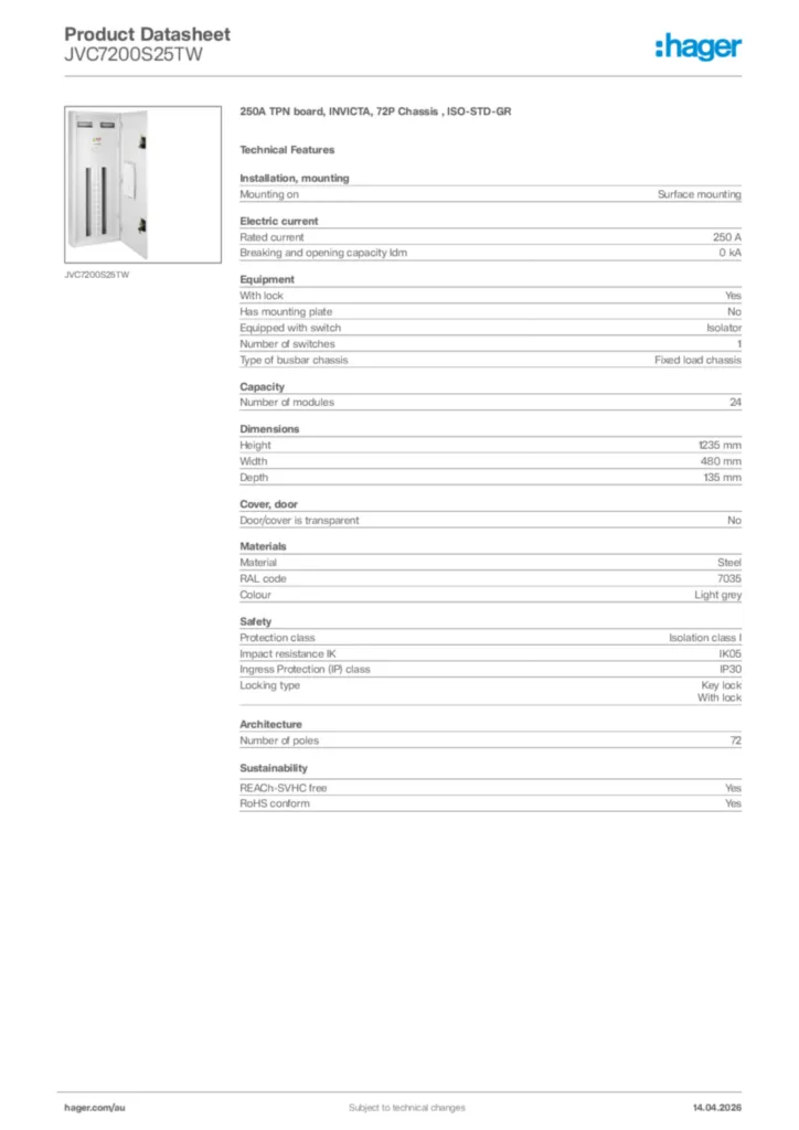 Image Hager Product data sheet JVC7200S25TW  | Hager Australia