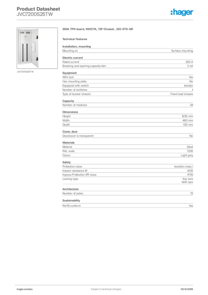 Image Hager Product data sheet JVC7200S25TW  | Hager Australia