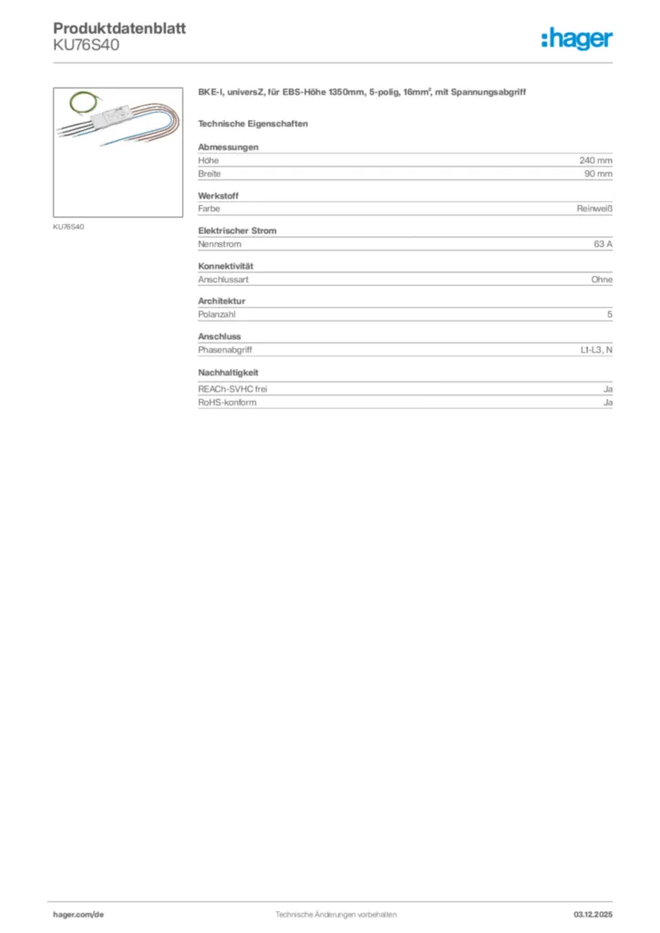 Hager Produktdatenblatt KU76S40