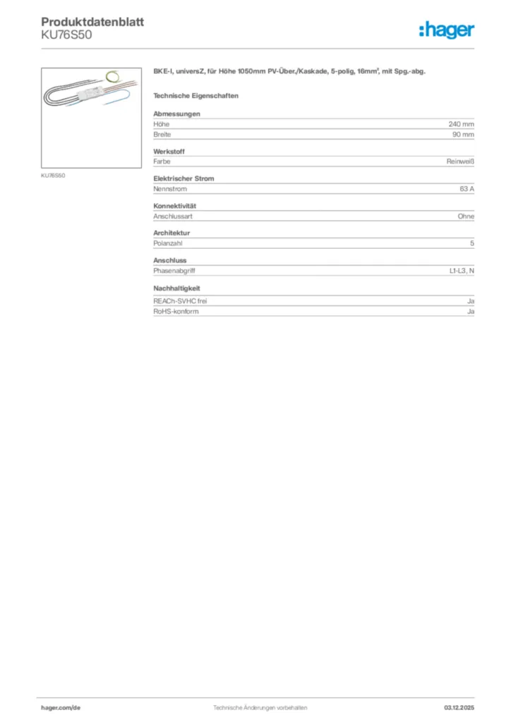 Hager Produktdatenblatt KU76S50