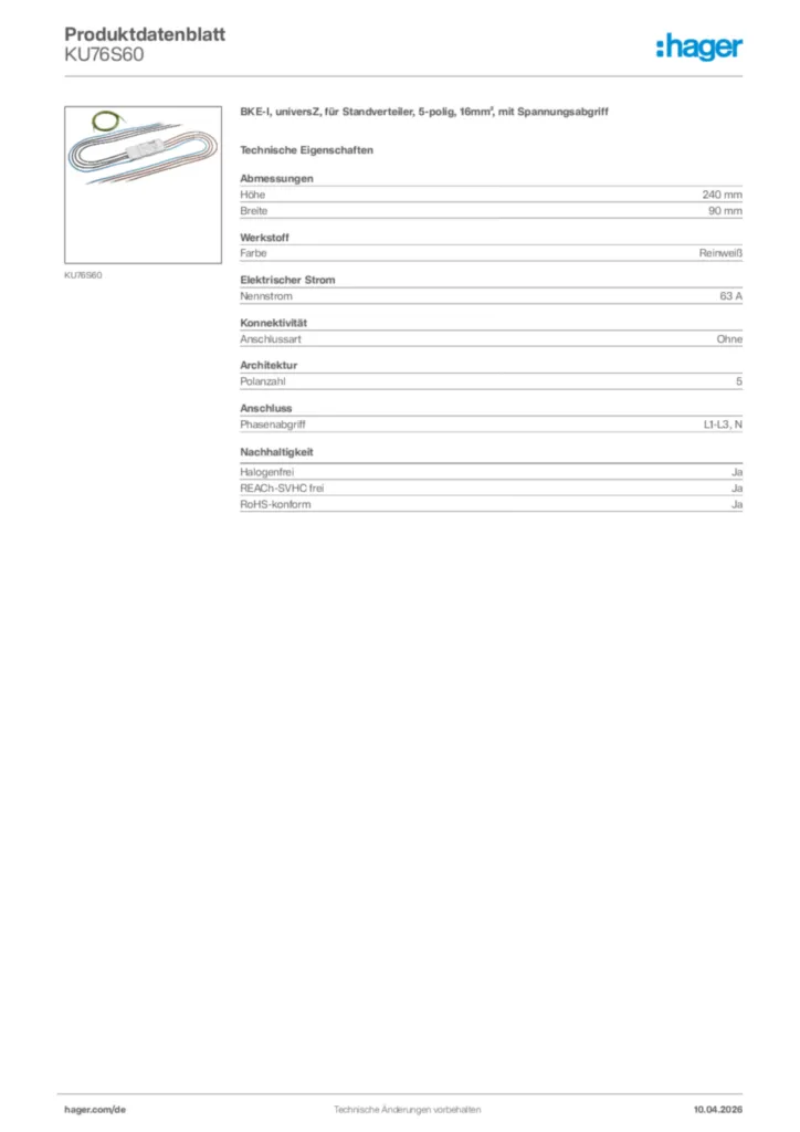 Bild Hager Produktdatenblatt KU76S60 | Hager Deutschland