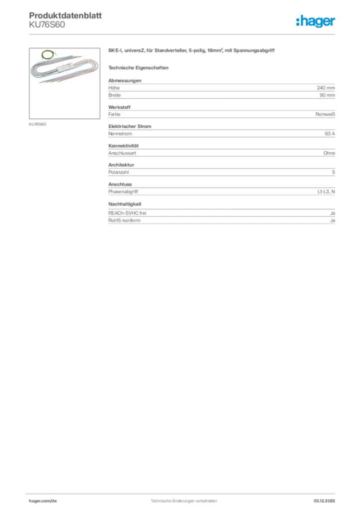 Hager Produktdatenblatt KU76S60
