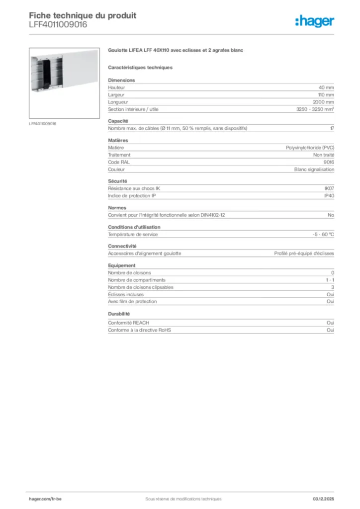 Image Hager Fiche technique du produit LFF4011009016 | Hager Belgique