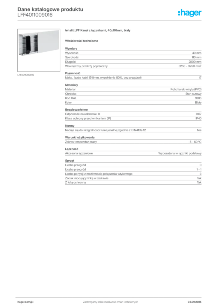 Zdjęcie Hager Dane katalogowe produktu LFF4011009016 | Hager Polska