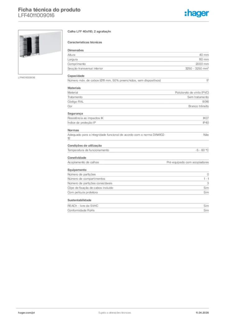 Imagem Hager Ficha técnica do produto LFF4011009016 | Hager Portugal