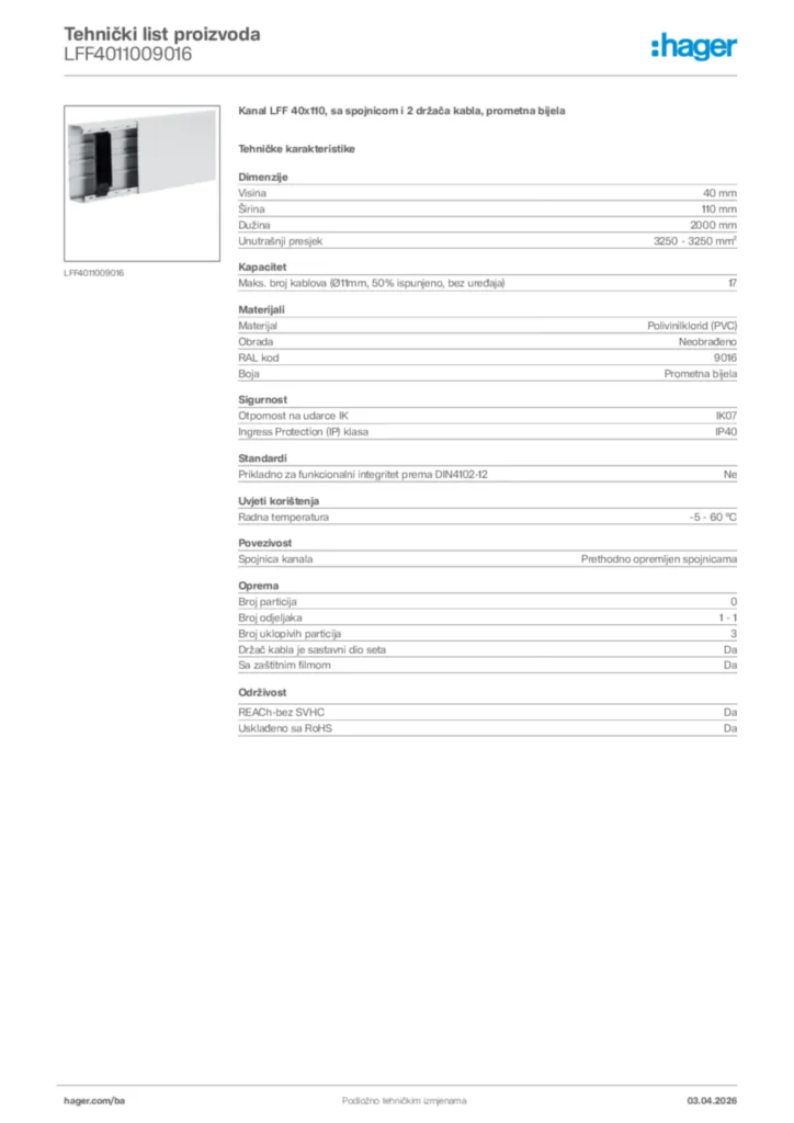 Slika Hager Tehnički list proizvoda LFF4011009016  | Hager
