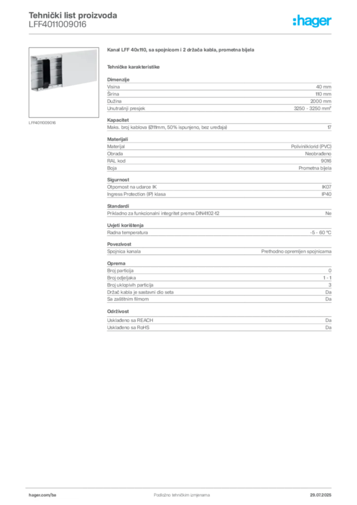 Slika Hager Product data sheet LFF4011009016  | Hager