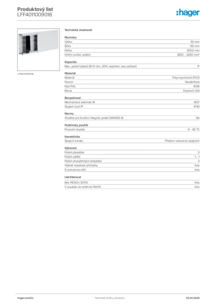 Obrázek Hager Product data sheet LFF4011009016 | Hager