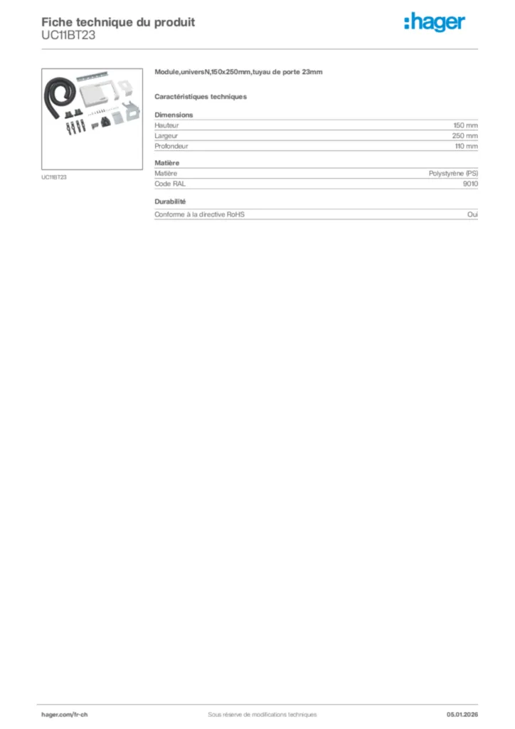 Image Hager Fiche technique du produit UC11BT23 | Hager Suisse