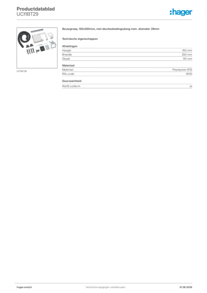 Afbeelding Hager Productdatablad UC11BT29 | Hager Nederland