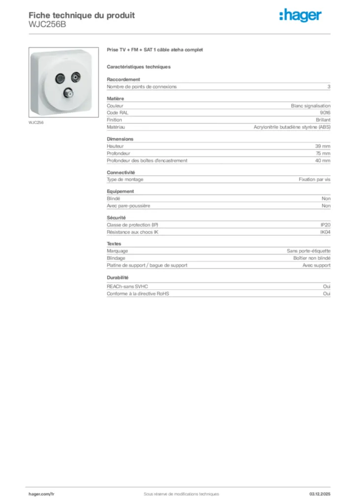 Image Hager Fiche technique du produit WJC256B | Hager France
