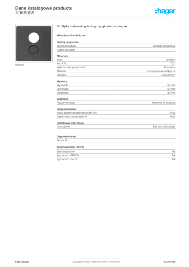 Zdjęcie Hager Dane katalogowe produktu 11966086 | Hager Polska
