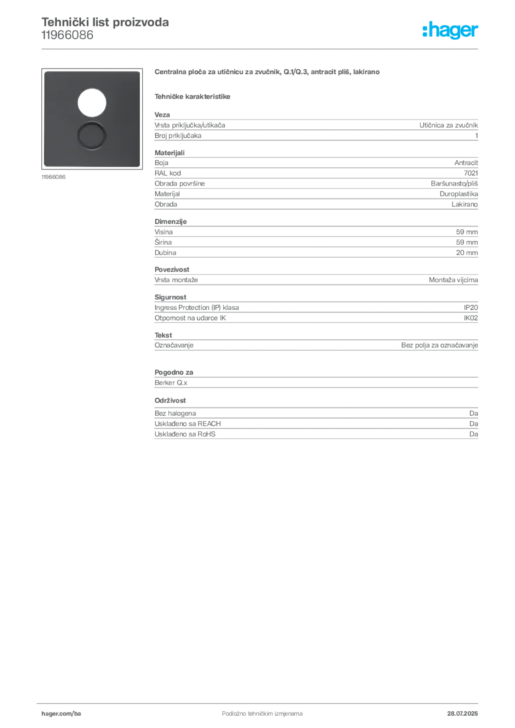 Slika Hager Product data sheet 11966086  | Hager