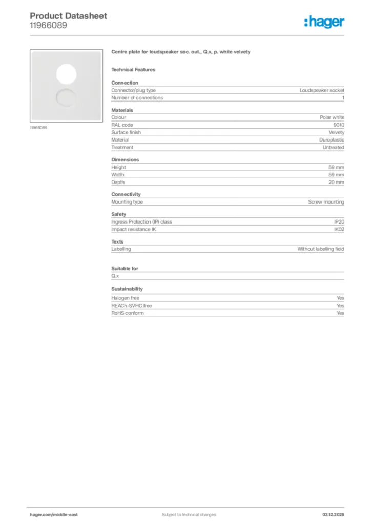 Image Hager Product data sheet 11966089  | Hager