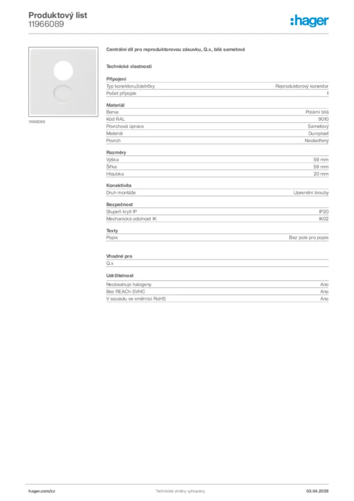Obrázek Hager Product data sheet 11966089 | Hager