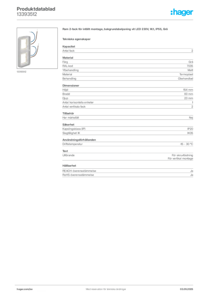 Bild Hager Produktdatablad 13393512 | Hager Sverige