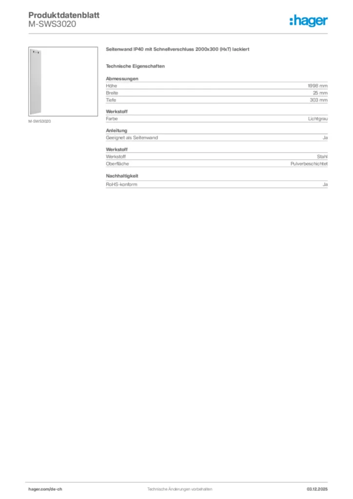 Bild Hager Produktdatenblatt M-SWS3020 | Hager Schweiz