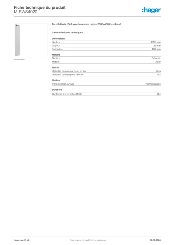 Image Hager Fiche technique du produit M-SWS4020 | Hager Suisse