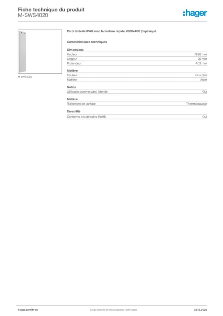 Image Hager Fiche technique du produit M-SWS4020 | Hager Suisse