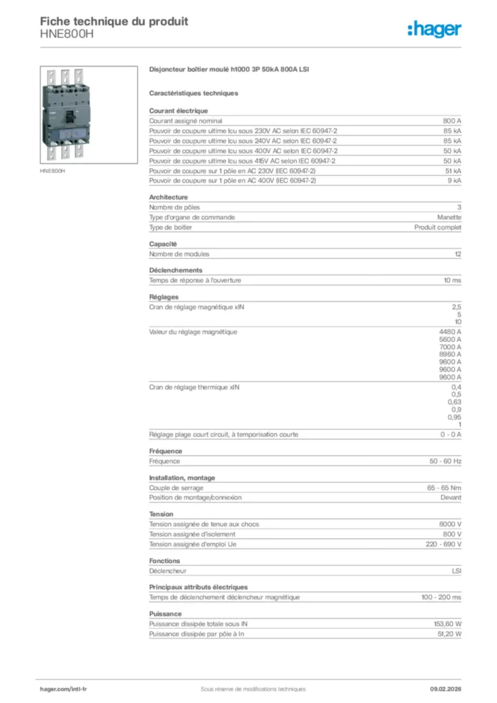 Image Hager Fiche technique du produit HNE800H | Hager Afrique