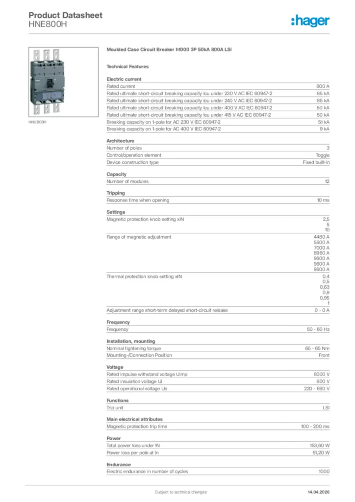 Image Hager Product data sheet HNE800H  | Hager
