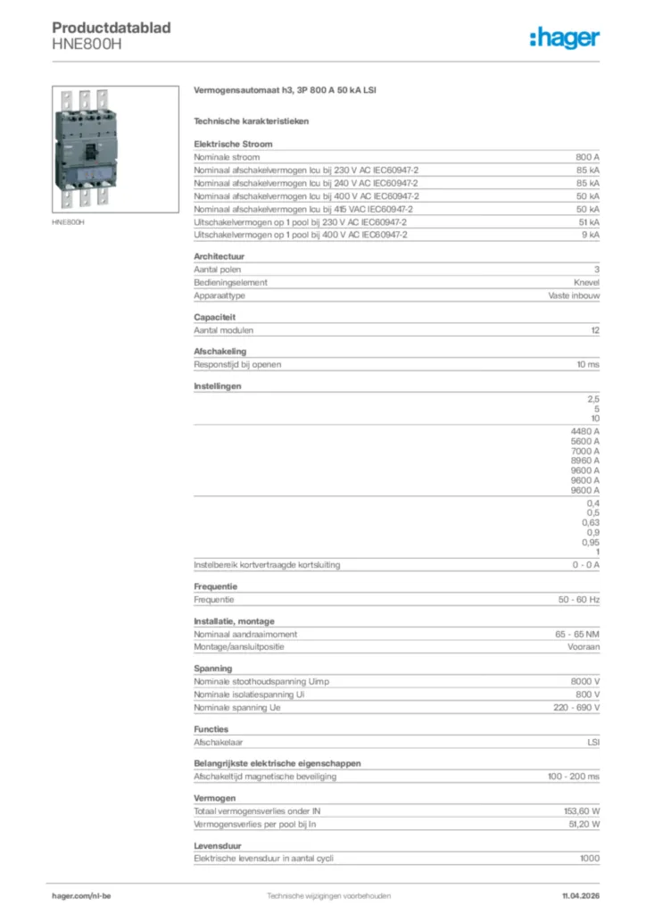 Afbeelding Hager Productdatablad HNE800H | Hager Belgium