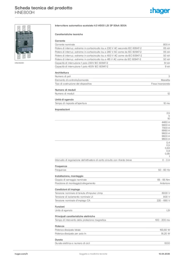 Immagine Hager Scheda tecnica del prodotto HNE800H | Hager Italia