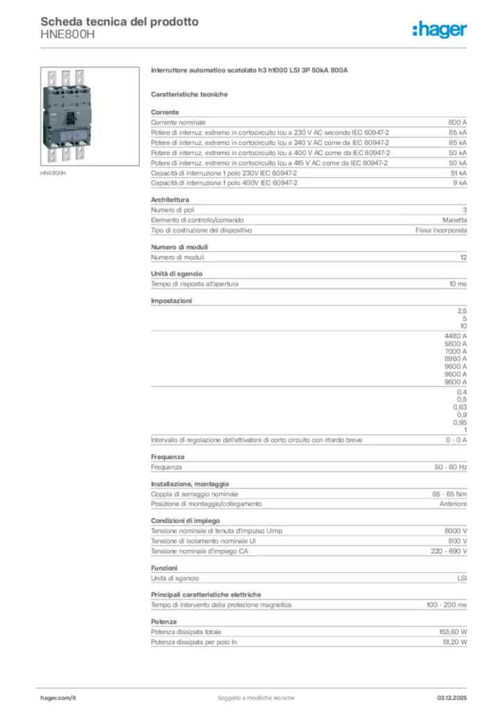 Immagine Hager Scheda tecnica del prodotto HNE800H | Hager Italia