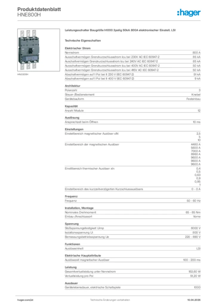 Bild Hager Produktdatenblatt HNE800H | Hager Deutschland