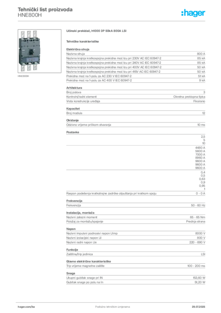 Slika Hager Product data sheet HNE800H  | Hager