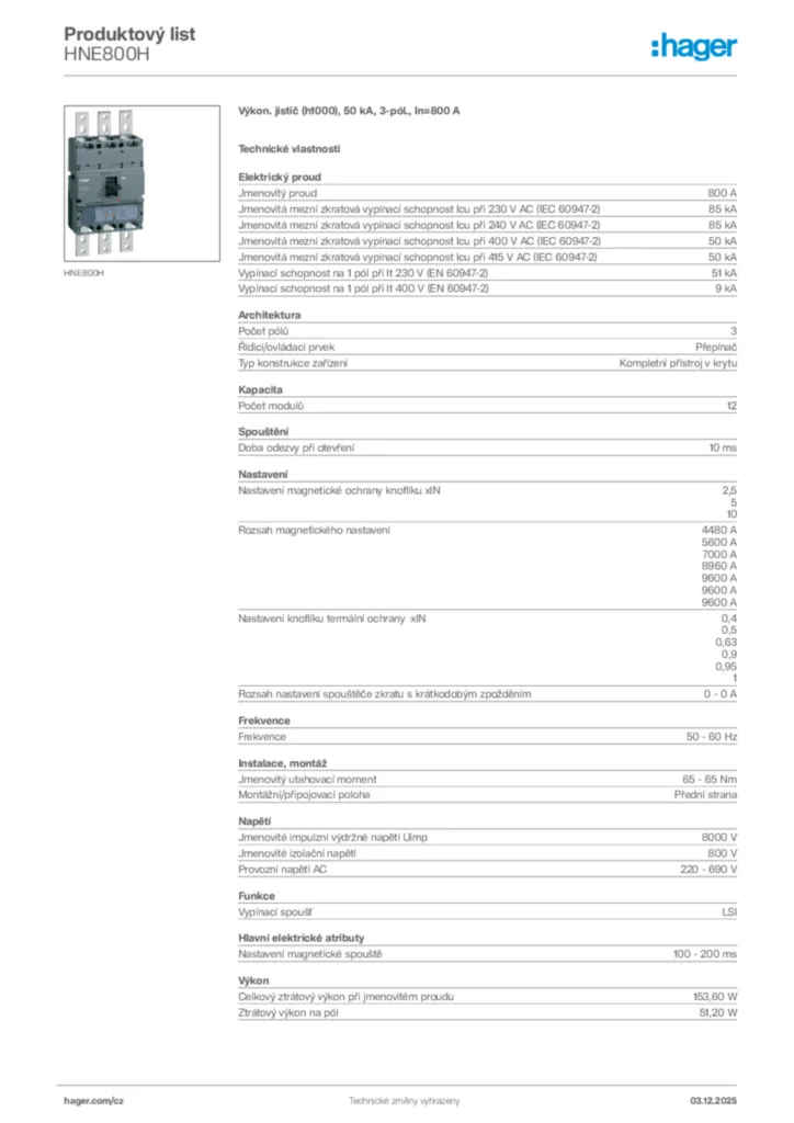 Obrázek Hager Product data sheet HNE800H | Hager