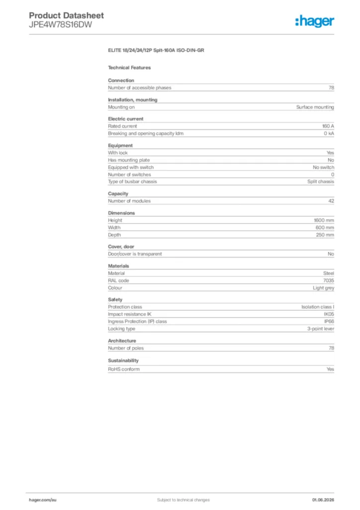 Image Hager Product data sheet JPE4W78S16DW  | Hager Australia