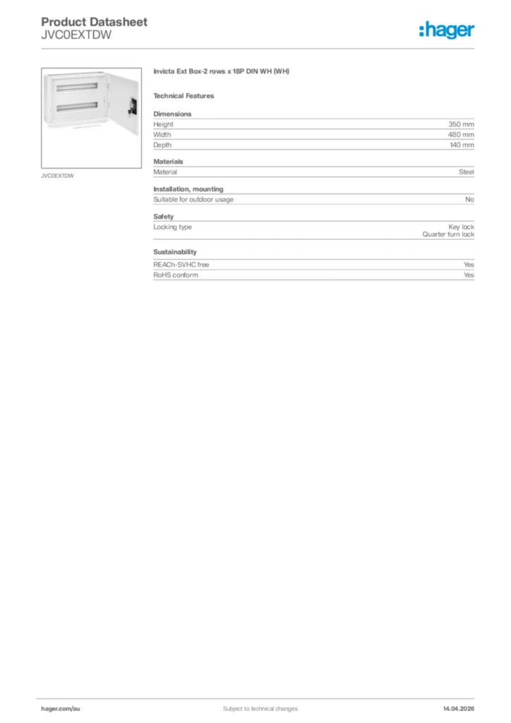Image Hager Product data sheet JVC0EXTDW  | Hager Australia