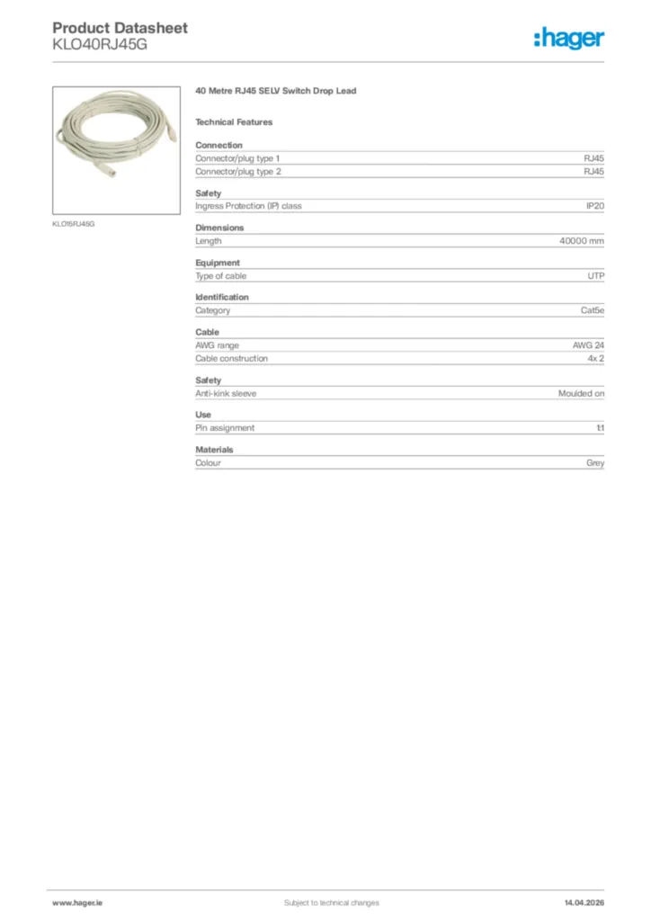 Image Hager Product data sheet KLO40RJ45G  | Hager