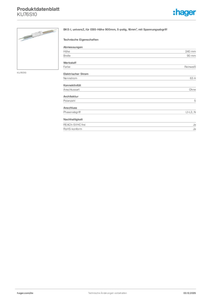 Hager Produktdatenblatt KU76S10