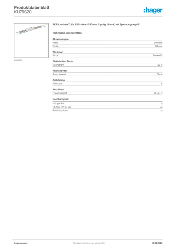 Bild Hager Produktdatenblatt KU76S20 | Hager Deutschland