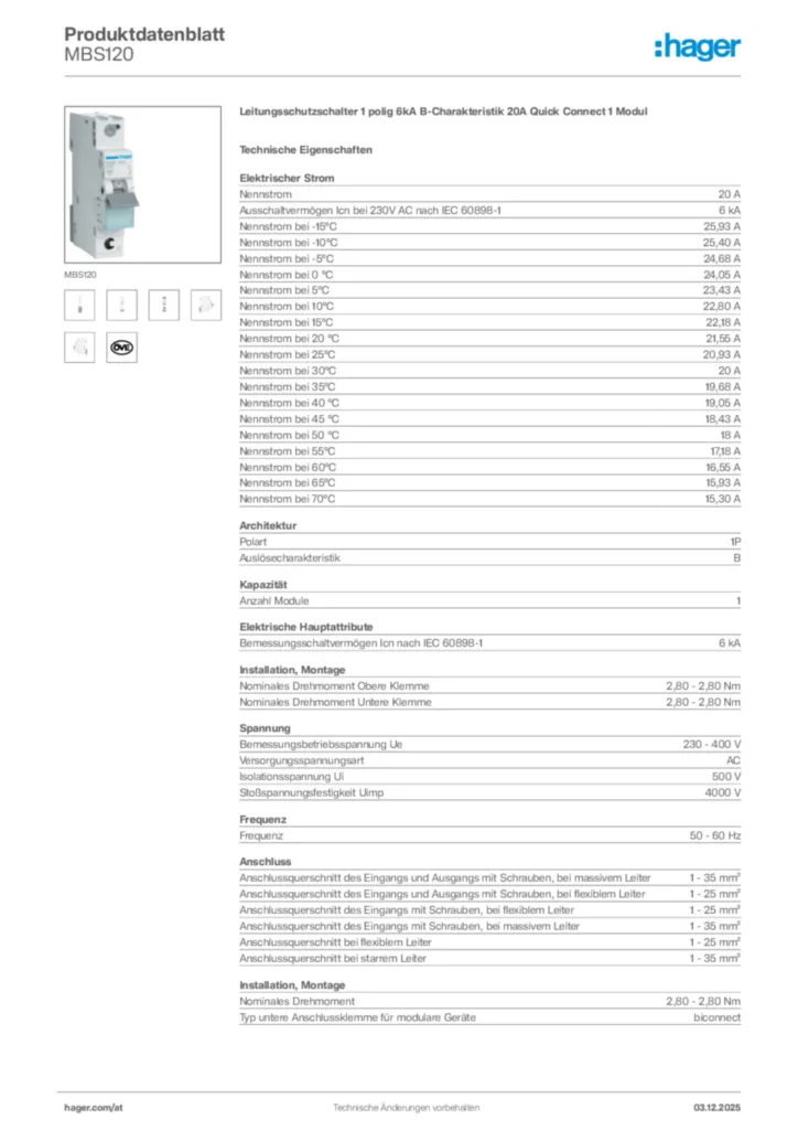Bild Hager Produktdatenblatt MBS120 | Hager Deutschland