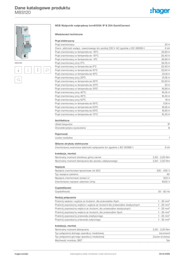 Zdjęcie Hager Dane katalogowe produktu MBS120 | Hager Polska