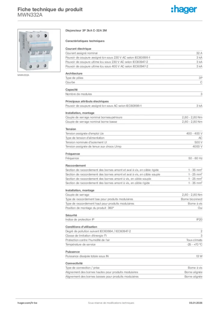 Image Hager Fiche technique du produit MWN332A | Hager Belgique