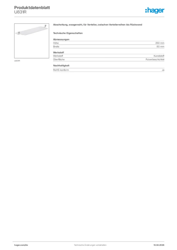 Bild Hager Produktdatenblatt U831R | Hager Deutschland