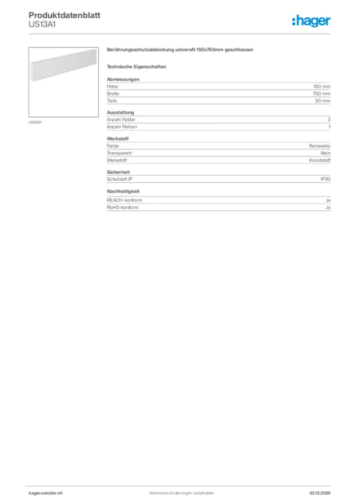 Bild Hager Produktdatenblatt US13A1 | Hager Schweiz