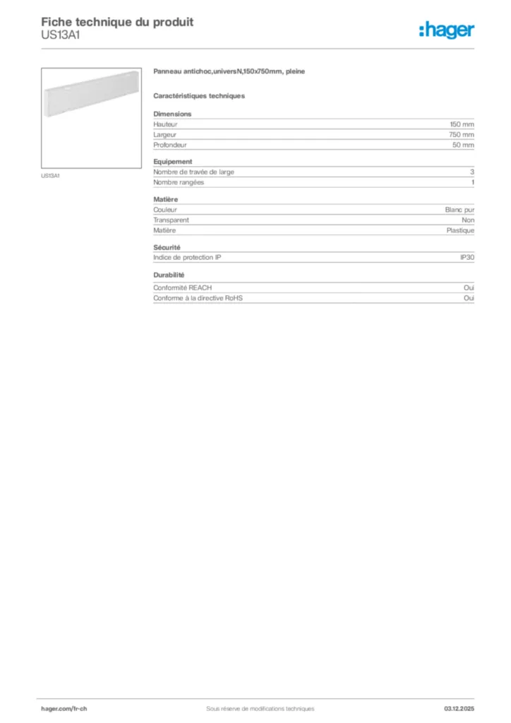 Image Hager Fiche technique du produit US13A1 | Hager Suisse
