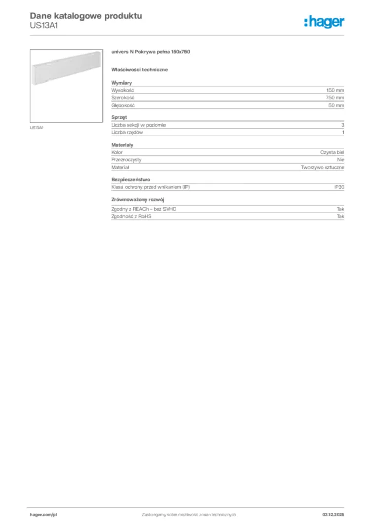 Zdjęcie Hager Karta katalogowa US13A1 | Hager Polska
