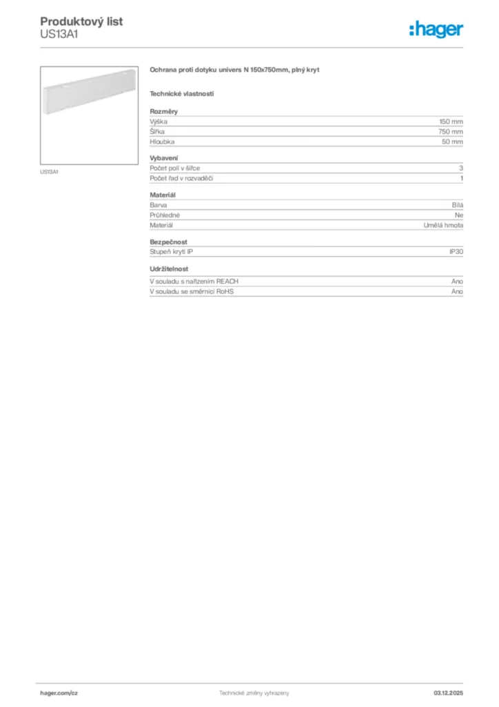 Obrázek Hager Product data sheet US13A1 | Hager